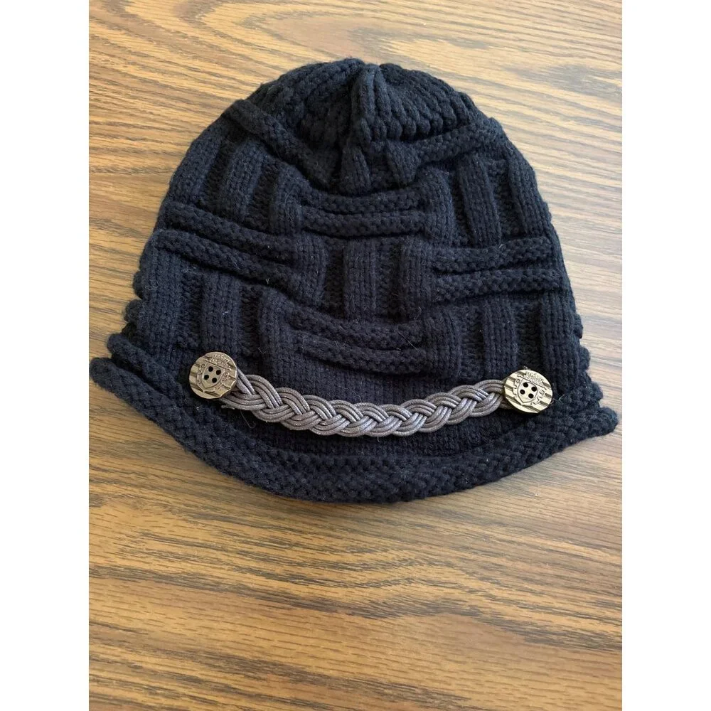 Black beenie toboggan hat with brown beading and buttons in front